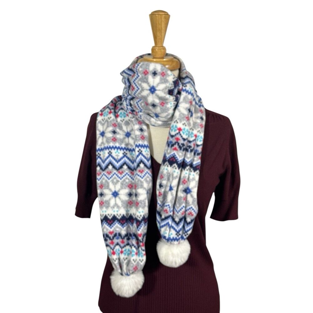 Cuddle Duds Super Soft Nordic Print Fleece Scarf Fluffy Jumbo Pom Pom